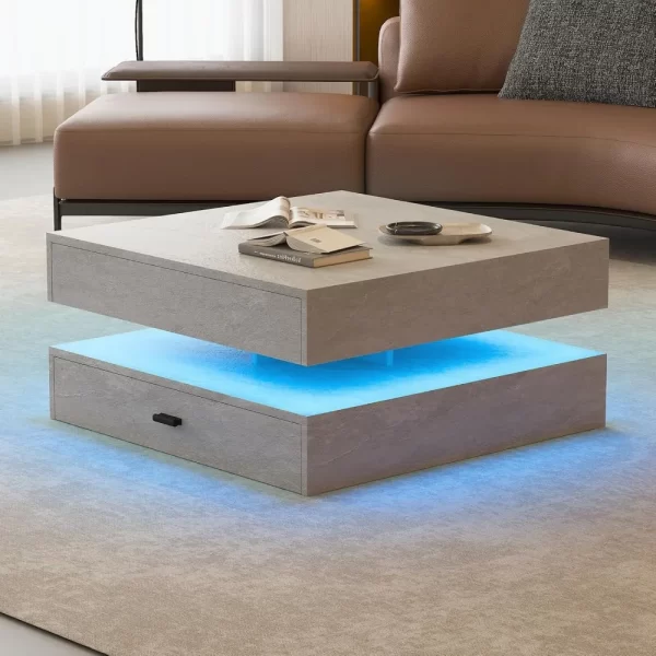 LED Coffee Table for Living Room,2-Tier Modern High Gloss Square Middle Center Table with Storage Drawers - Image 6