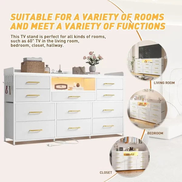 Dresser for Bedroom with 11 Drawers for 60" TV Stand for Bedroom with LED Lights & Charging Station Long Dresser with Shelves - Image 2