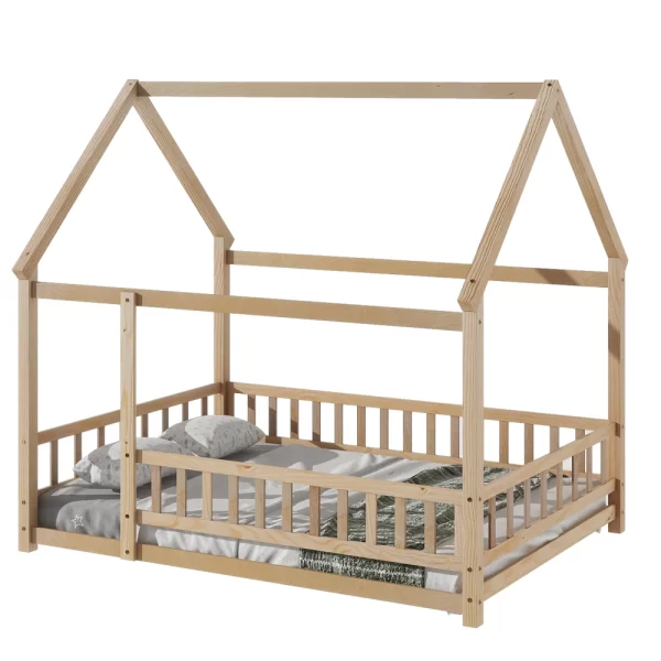 Full Size Floor Wooden Bed with House Roof Frame, Fence Guardrails ,Nartural(Old SKU:W504105242) - Image 5