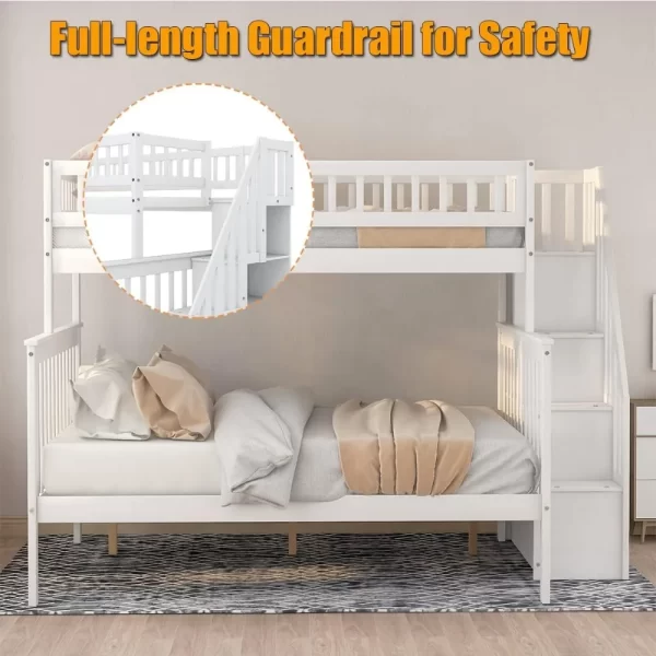 Twin Over Full Bunk Beds with Stairs, Wood Bunk Bed with Storage and Guard Rails,Bunk Beds Twin Over Full Size for Kids, Bedroom - Image 4