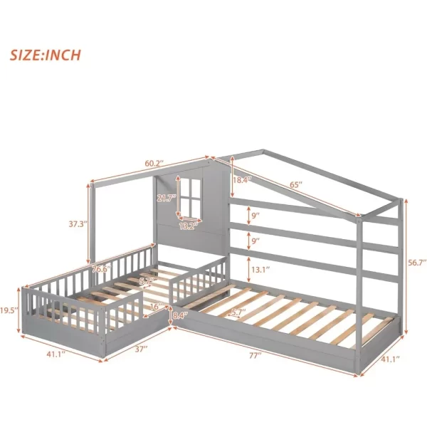 Solid Wood Twin Platform Beds Frame for 2 People, L Shaped Bed Frame with Roof, Twin Corner Bed House Beds for Kids - Image 2