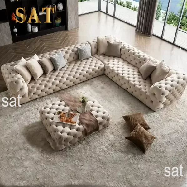 Modern Button Tufted L-shaped Curved Chesterfield Sofa Upholstered Velvet Corner Sofa Sets Living Room Sofa Set Modular - Image 8