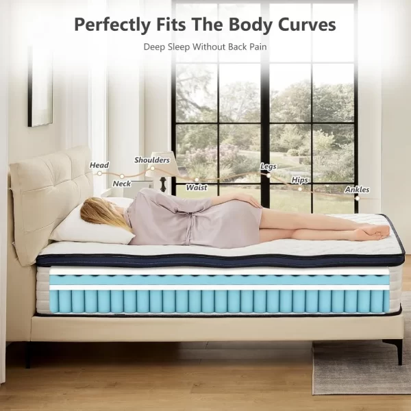 Queen Size Mattresses 12 inch Hybrid Mattress Queen with Pocket Coils Springs, Pressure Relieve, Motion Isolation, Edge Support, - Image 5
