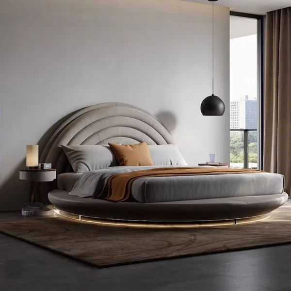 Round Luxury Bed Genuine Leather Headboard European Confortable Modern Bed Aesthetics Floating Wedding Cama De Casal Furniture - Image 2