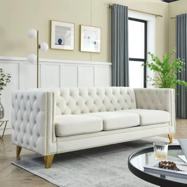 Modern Beige Velvet Sofa with Metal Legs - 3D Modeling Available!