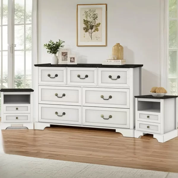 Farmhouse Bedroom Set Rustic Wood 6 Drawer Dresser and Nightstands Chest of Drawers Wide Storage 3 Pieces Bedroom Furniture Set - Image 5