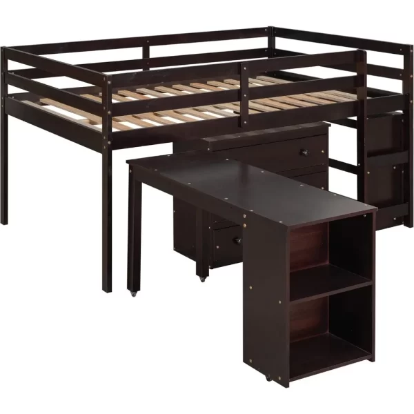 Loft Bed with Desk and Dresser, Wood Loft Beds Frame with Cabinet & Storage Shelves & Rolling Portable Desk for Boys, Girls - Image 3