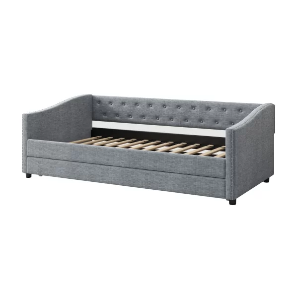 Twin Size Daybed with Twin Size Trundle Upholstered Tufted Sofa Bed, with Button on Back and Copper Nail on Waved Shape Arms-Lig - Image 4