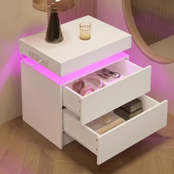 Night Stand Set of 2, Modern White Nightstand with with Charging Station, Bedside Tables with LED Light and Drawers, End Table - Image 4