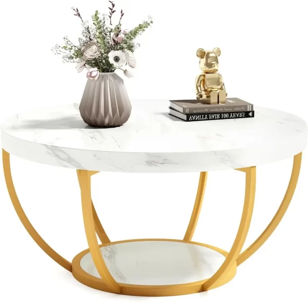 32" Circle Marble Coffee Tables, 2-Tier Golden Metal Legs Accent Center Table with Open Storage Modern Design Home Furniture - Image 8