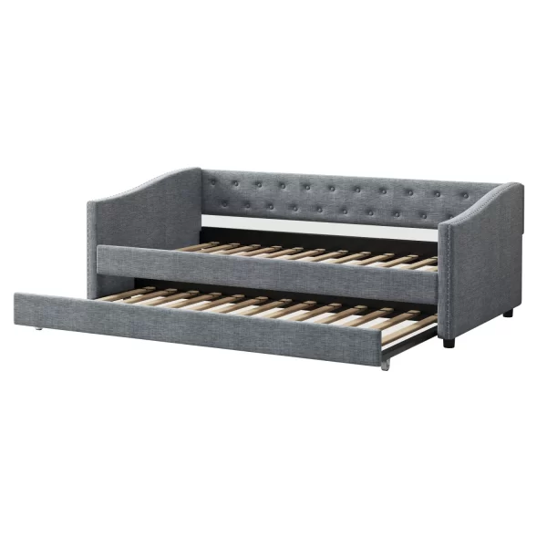 Twin Size Daybed with Twin Size Trundle Upholstered Tufted Sofa Bed, with Button on Back and Copper Nail on Waved Shape Arms-Lig - Image 5