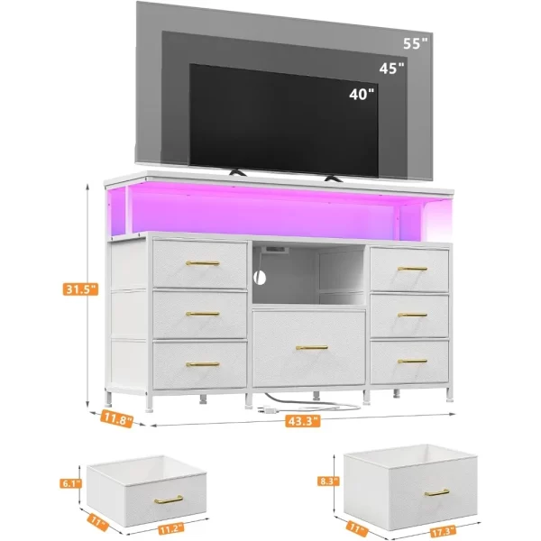 Dresser TV stand with LED lights & power outlets,55"TV stand dresser entertainment center with 7 fabric drawers and wood shelves - Image 6