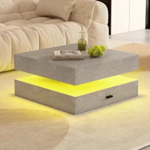 LED Coffee Table for Living Room,2-Tier Modern High Gloss Square Middle Center Table with Storage Drawers