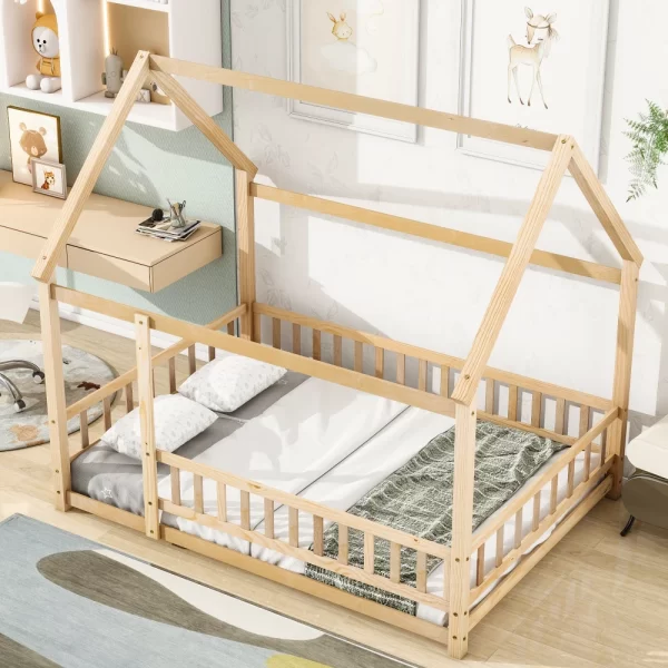 Full Size Floor Wooden Bed with House Roof Frame, Fence Guardrails ,Nartural(Old SKU:W504105242) - Image 2