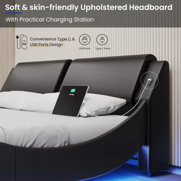 King Size Bed Frame with Headboard and Charging Ports Modern Low Profile King Platform Bed Frame with LED Lights Wave Like - Image 5