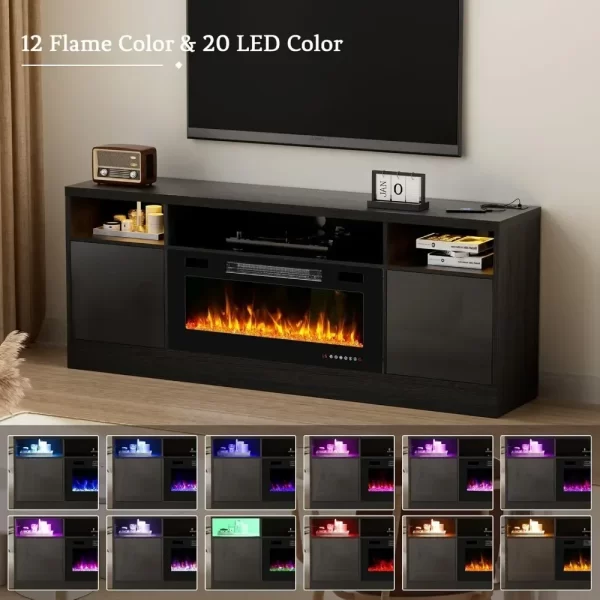 70'' TV Stand, 36'' Fireplace-LED Light Entertainment Center for 75 Inch TV Black TV Cabinet with Storage, Modern TVs Console - Image 4