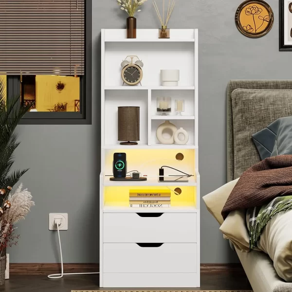 Charging Nightstand Set of 2 with LED Lights,Tall Night Stand with Bookshelf,Bedside Table with Drawers - Image 7