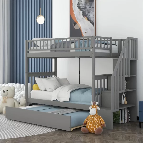 Twin Over Full Bunk Beds with Stairs, Wood Bunk Bed with Storage and Guard Rails,Bunk Beds Twin Over Full Size for Kids, Bedroom - Image 9
