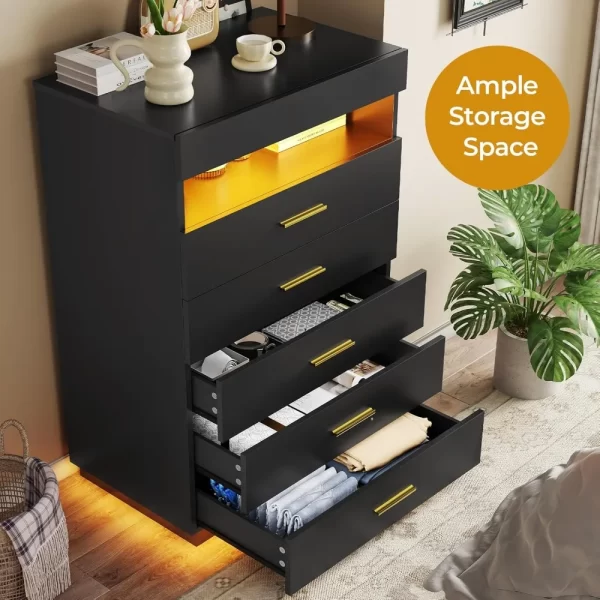 Black Dresser with LED Lights, Floating Tall Dresser with 5 Large Drawers & Open Storage Space & Pull Out Tray, 5 Drawer Dresser - Image 6