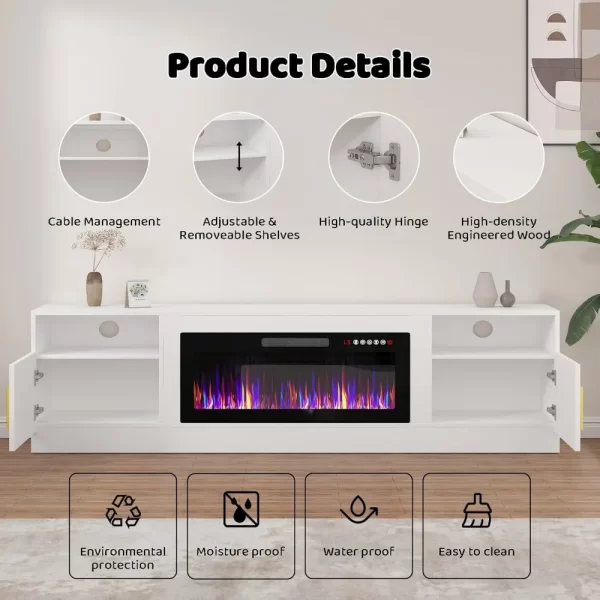 36 inch Fireplace Up to 90" TVs, LED Light Entertainment Center and Storage, 80" Modern Wood Media, TV Stands - Image 5