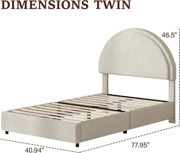 Twin Size Bed Frame, Upholstered Boucle Bed Frame With Headboard, Modern Twin Beds, Soft Arch Shaped Round Headboard, No Box - Image 2