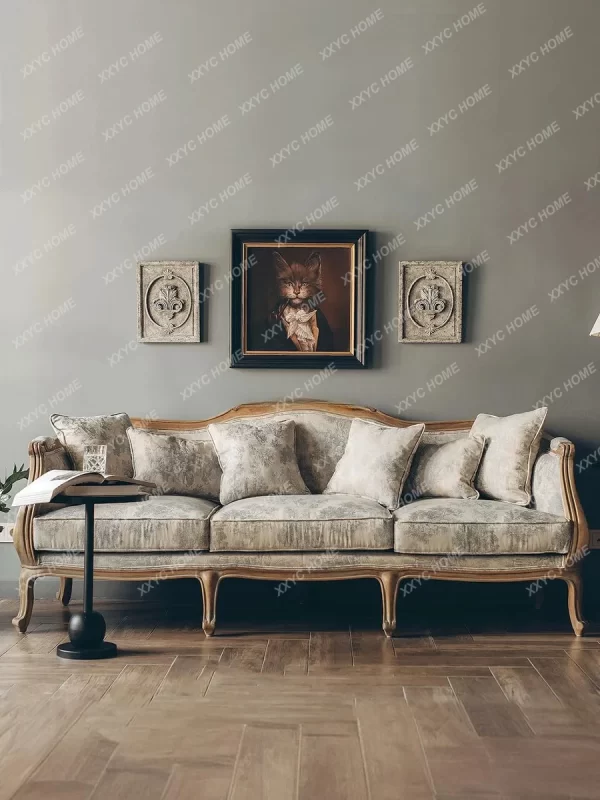 American antique oak three-person sofa small apartment living room fabric sofa