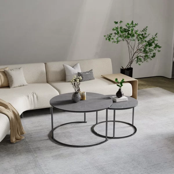 LUVODI Set of 2 Round Nesting Coffee Table Sintered Stone Stacking Marble Side End Table Accent Table for Living Room Apartment - Image 5