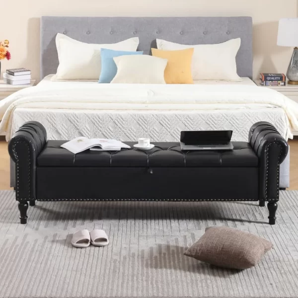 Leather Storage Bench 67 Inch Upholstered Tufted Ottoman Bench with Arms King Size End of Bed Bench for Bedroom Living Room Entr - Image 5