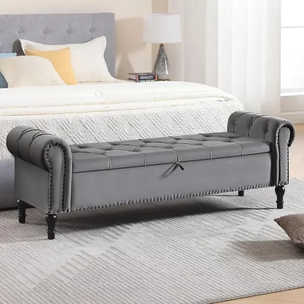 Leather Storage Bench 67 Inch Upholstered Tufted Ottoman Bench with Arms King Size End of Bed Bench for Bedroom Living Room Entr - Image 9