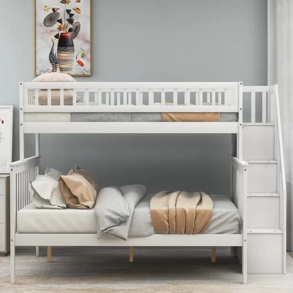 Twin Over Full Bunk Beds with Stairs, Wood Bunk Bed with Storage and Guard Rails,Bunk Beds Twin Over Full Size for Kids, Bedroom - Image 2