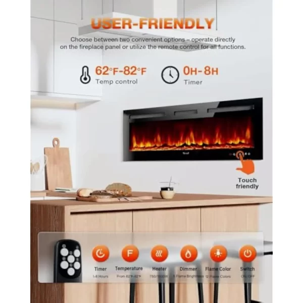 Electric Fireplace 60Inch,Wall Mounted Electric Fireplace Heater with Timer Inserts，TV Stand Touch Screen and Realistic Flame,L - Image 3