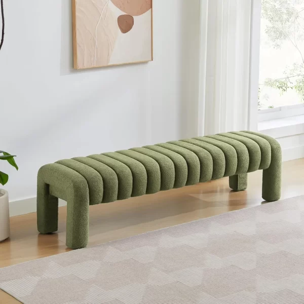 End of Bed Bench, Modern Sherpa Entryway Bench, Upholstered Ottoman Stool with Extra Length, Full Coverage Fabrics - Image 8