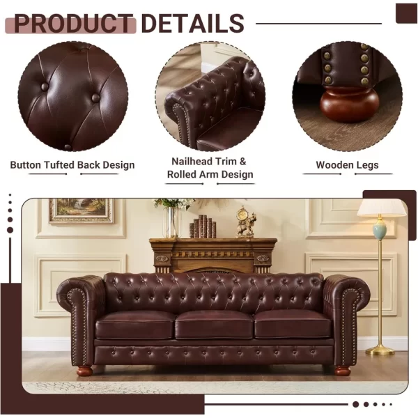 Chesterfield Sofa, 89" Faux Leather Sofa, Upholstered Sofa, Low Back, Rolled Arms Nailhead Trim, Classic 3 Seater Sofa - Image 4