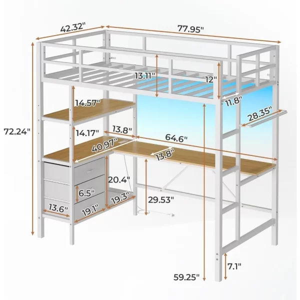 Twin Loft Bed with L-Shaped Desk, LED Lights,Charging Station LED Loft Bed Frame with 3 Storage Shelves and 3 Fabric Drawers - Image 5