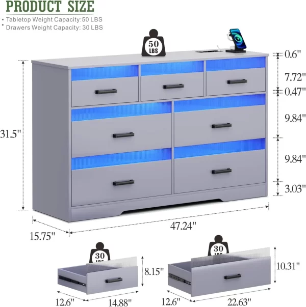 Grey Dressers for Bedroom, 7 Drawers Large Chest of Drawers with LED Light, Modern Dresser with USB & Type-c Charging Ports - Image 2