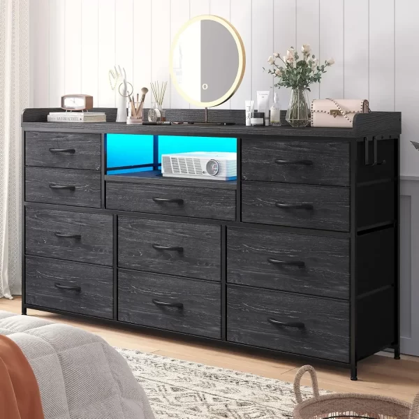 Dresser for Bedroom with 11 Drawers for 60" TV Stand for Bedroom with LED Lights & Charging Station Long Dresser with Shelves - Image 6