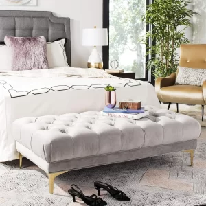 54-inch Glam Grey Velvet and Brass Tufted Rectangular Bench