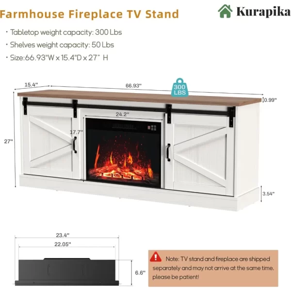 Fireplace TV Stand for Up To 75" TV, with 24" Fireplace, 67" Console Cabinets for Living Room W/Storage Shelves, Remote Control - Image 2