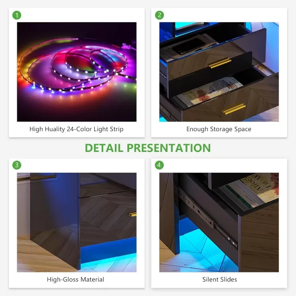 LED Nightstand, RGB Black Night Stand with USB/Wireless Charging Station, Modern Bedside Table has Auto Sensor RGB Lights - Image 5
