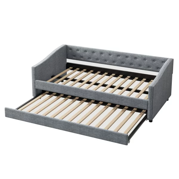 Twin Size Daybed with Twin Size Trundle Upholstered Tufted Sofa Bed, with Button on Back and Copper Nail on Waved Shape Arms-Lig - Image 3