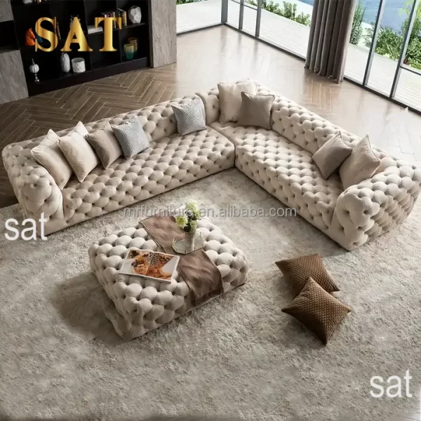 Modern Button Tufted L-shaped Curved Chesterfield Sofa Upholstered Velvet Corner Sofa Sets Living Room Sofa Set Modular - Image 14