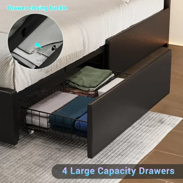 California King Bed Frame with 4 Storage Drawers, Charging Station, Artificial Leather Upholstered Headboard, LED Bed Frame - Image 5