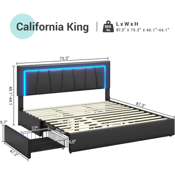 California King Bed Frame with 4 Storage Drawers, Charging Station, Artificial Leather Upholstered Headboard, LED Bed Frame - Image 2