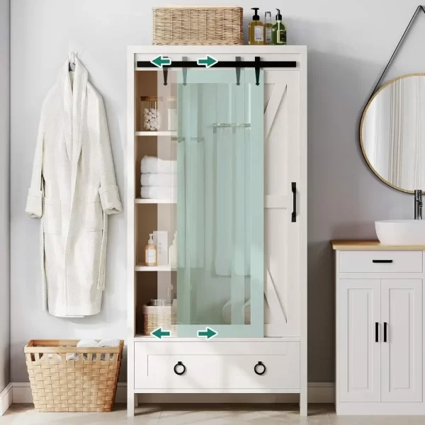 Bathroom Storage Cabinet - Tall Storage Cabinet with Full Length Mirror, Farmhouse Bathroom Cabinets with Doors and Drawers - Image 5