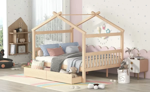Full Size Wooden House Bed with Drawers, Natural - Image 3