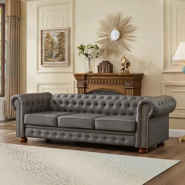 Chesterfield Sofa, 89" Faux Leather Sofa, Upholstered Sofa, Low Back, Rolled Arms Nailhead Trim, Classic 3 Seater Sofa - Image 9