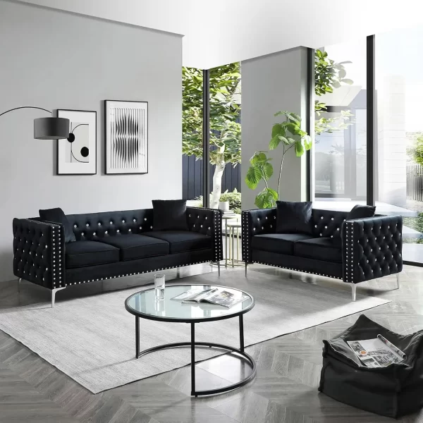 2 Piece Modern Velvet Upholstered Living Room Sofa Set with 3-Seater Sofa and Loveseat, Jeweled Button Tufted Copper Nails - Image 8