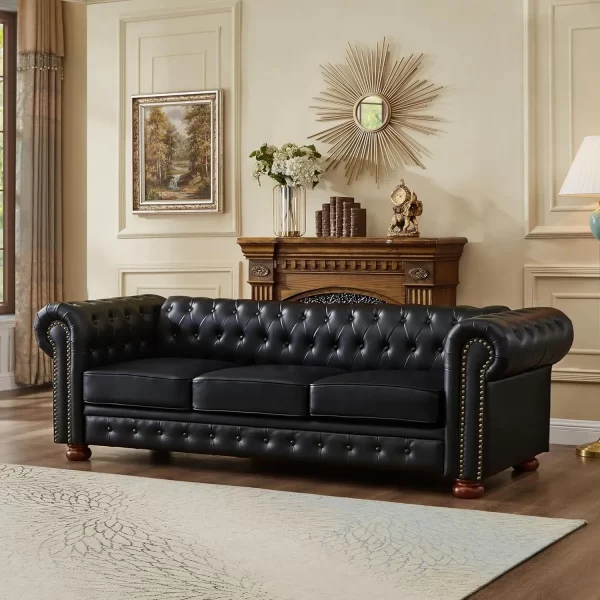 Chesterfield Sofa, 89" Faux Leather Sofa, Upholstered Sofa, Low Back, Rolled Arms Nailhead Trim, Classic 3 Seater Sofa - Image 7