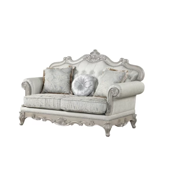 Tuscan Velvet Fabric Living Room Set - Silver Wood, 2Pc - Image 4