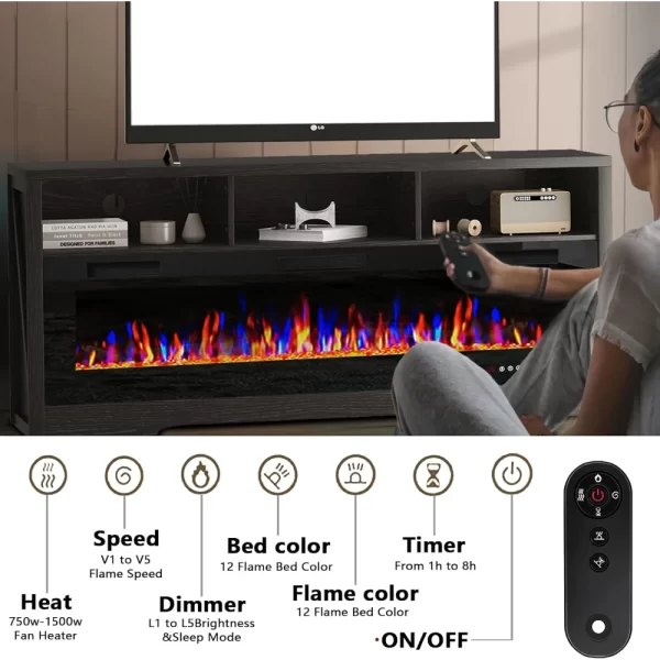 Fireplace TV Stand for TVs Up to 75", 65 inch TV Stand with 60" Electric Fireplace, Entertainment Center TVs Stands - Image 5
